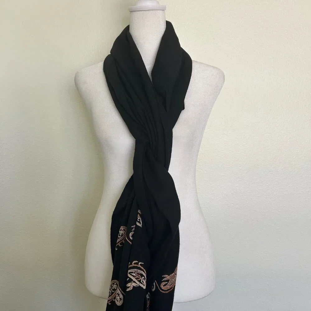 Womens Wool Scarf Black Paisley Trim Tassel Fringe Wrap Shawl Soft Boho Classic